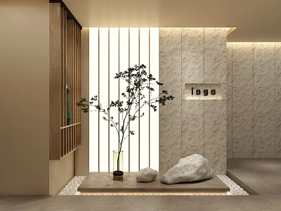 Modern Tea Room Interior With Wooden Panel Stone Wall And Natural Decor Elements 3d model