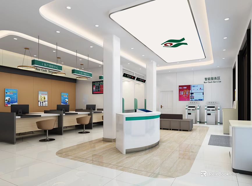 Modern Bank Interior With Service Counters Reception Desk Seating Area And Digital Screens 3d model 