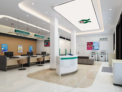 Modern Bank Interior With Service Counters Reception Desk Seating Area And Digital Screens 3d model