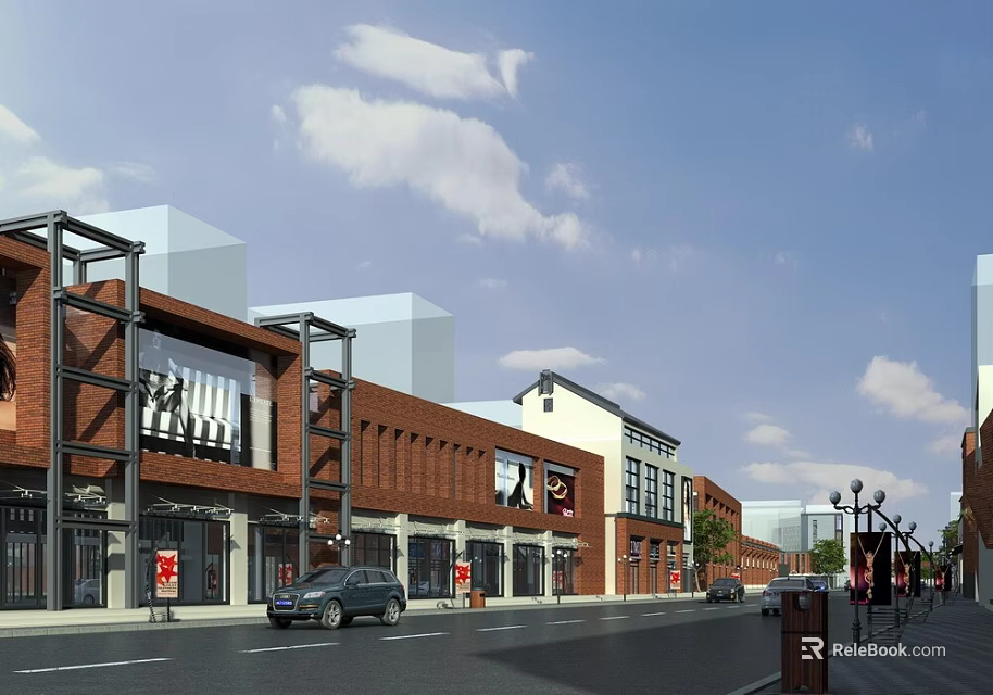 Vibrant Commercial Street With Red Brick Buildings Storefronts Street Lamps And Cars 3d model 