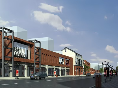 Vibrant Commercial Street With Red Brick Buildings Storefronts Street Lamps And Cars 3d model