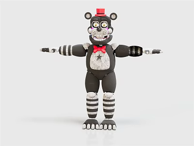 Black Bear Character With Red Hat Bow Tie Yellow Eyes And Striped Limbs 3d model