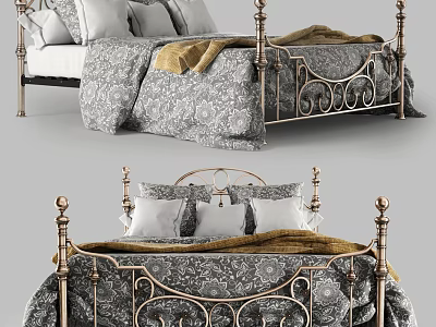 Vintage Style Double Bed With Ornate Metal Frame Floral Bedspread And Plush Pillows 3d model