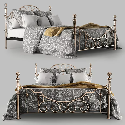 Vintage Style Double Bed With Ornate Metal Frame Floral Bedspread And Plush Pillows 3d model