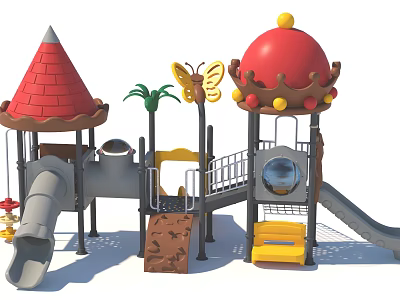 Colorful Playground Equipment With Slides Climbing Structures And Butterfly Decor 3d model