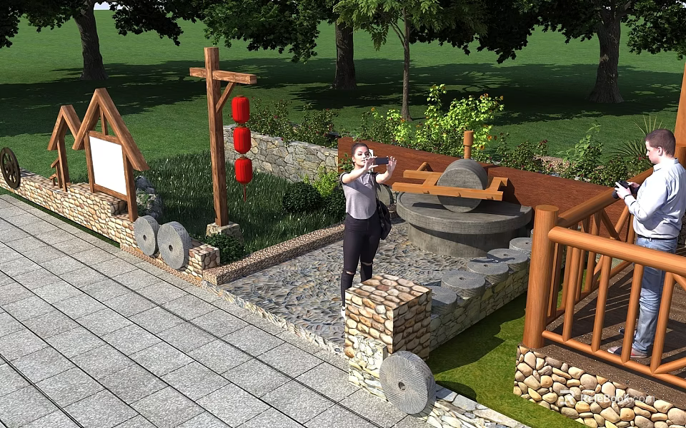 Courtyard Garden Scene with Woman Taking Photos Red Lanterns Stone Mill and Wooden Bridge 3d model 