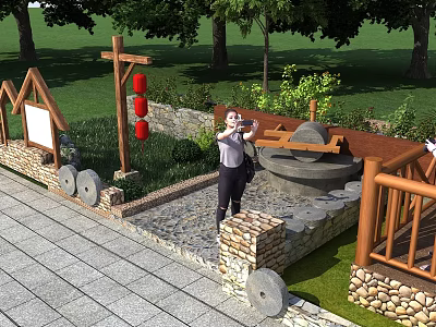 Courtyard Garden Scene with Woman Taking Photos Red Lanterns Stone Mill and Wooden Bridge 3d model
