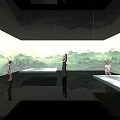Indoor Exhibition Space With Green Mountain Landscape Backdrop And Reflective Floor Design