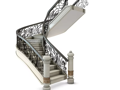Elegant Curved Staircase With Wrought Iron Railing Ornate Scrolls White Balusters And Stone Steps 3d model