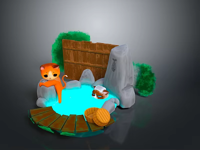 3D Scene With Orange Monkey Blue Glowing Pool Rocks Green Plants Wooden Fence And Bridge 3d model