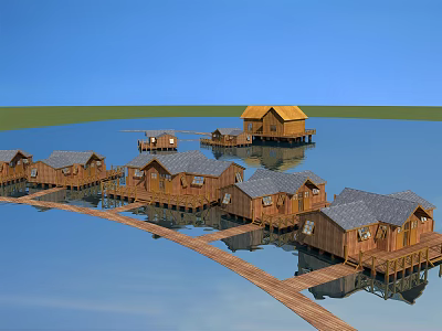 Multiple Wooden Houses on Water with Wooden Walkway and Blue Sky 3d model