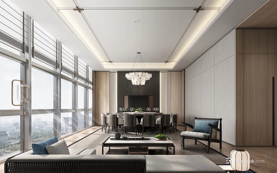 Modern Private Room Interior With Sofa Dining Table And Chandelier 3d model 