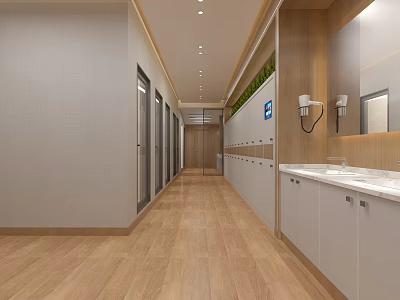 Modern Public Toilet Interior Design With Washbasins Mirrors Lockers And Green Plants 3d model