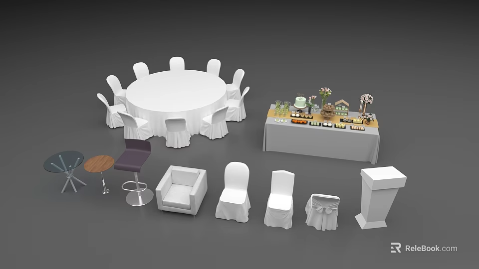 Elegant Banquet Hall Interior with Round Table Chairs Buffet Table Sofa and Podium 3d model 