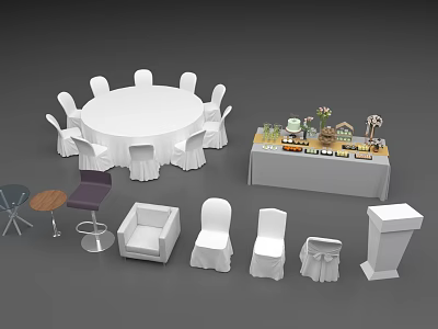 Elegant Banquet Hall Interior with Round Table Chairs Buffet Table Sofa and Podium 3d model