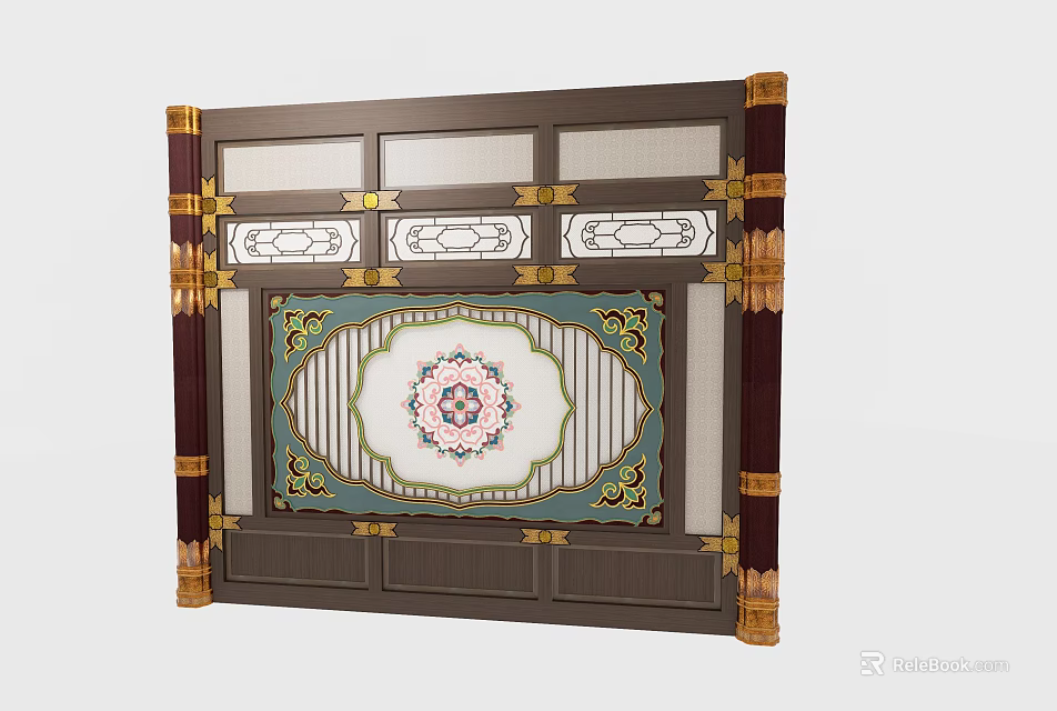 Traditional Wooden Partition With Ornate Carved Patterns And Colored Glass Accents 3d model 