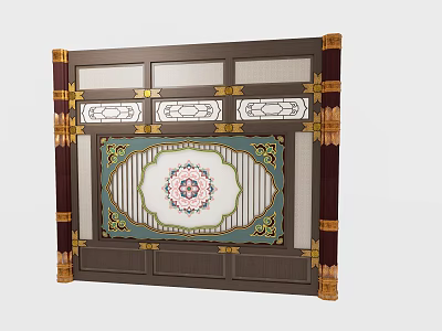 Traditional Wooden Partition With Ornate Carved Patterns And Colored Glass Accents 3d model