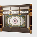 Traditional Wooden Partition With Ornate Carved Patterns And Colored Glass Accents