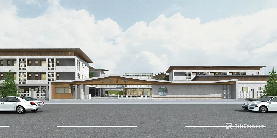 Modern School Building Design With Traditional Roof Open Entrance And Spacious Front Area 3d model 