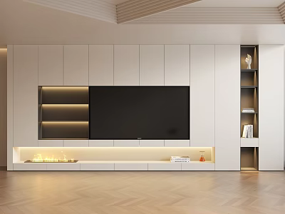 Modern White TV Cabinet Design With Built-in TV Open Shelves And LED Strip Lights 3d model