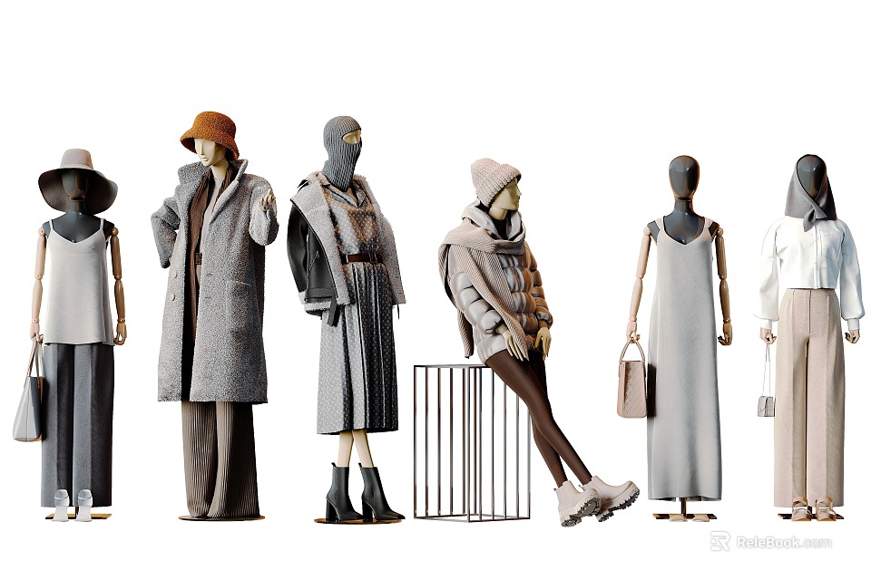 Fashion Mannequins Displaying Various Stylish Outfits Coats Dresses Hats And Bags For Fashion Collection Showcase 3d model 