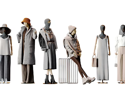 Fashion Mannequins Displaying Various Stylish Outfits Coats Dresses Hats And Bags For Fashion Collection Showcase 3d model
