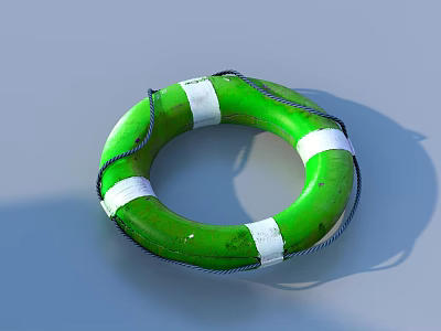 Green Lifebuoy With White Stripes And Surrounding Rope For Safety Use 3d model