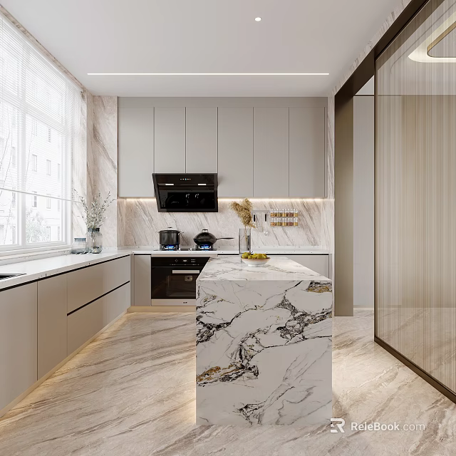 Modern Kitchen Interior Design With Marble Island Cabinets Countertop And Appliances 3d model 