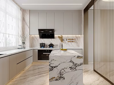 Modern Kitchen Interior Design With Marble Island Cabinets Countertop And Appliances 3d model