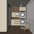 Home Balcony Interior With Stacked Washing Machines Storage Cabinets And Comfortable Chair