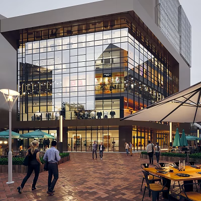 Modern Commercial Street With Glass Facade Pedestrians Outdoor Seating And Warm Lighting 3d model