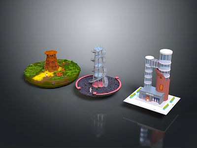 Different Industrial Facility Models With Red Brick Metal Frame And Green Base Designs 3d model