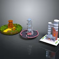 Different Industrial Facility Models With Red Brick Metal Frame And Green Base Designs