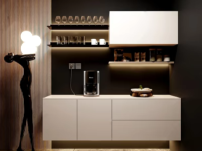 Modern White Sideboard With Open Shelves Glassware Coffee Machine And Decorative Bowl 3d model