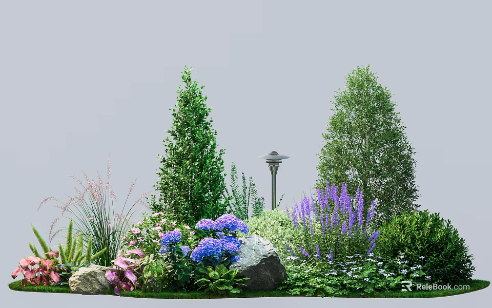 Garden Landscape With Various Plants Flowers Stones And Lamp Post 3d model 