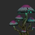 Colorful Glowing Mushrooms with Purple Green Caps Brown Stems and Green Moss