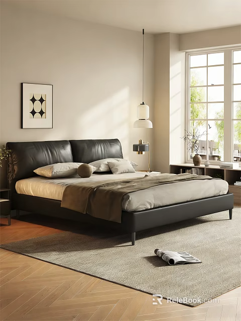 Modern Black Leather Double Bed With Light Colored Bedding Nightstand And Wall Art 3d model 
