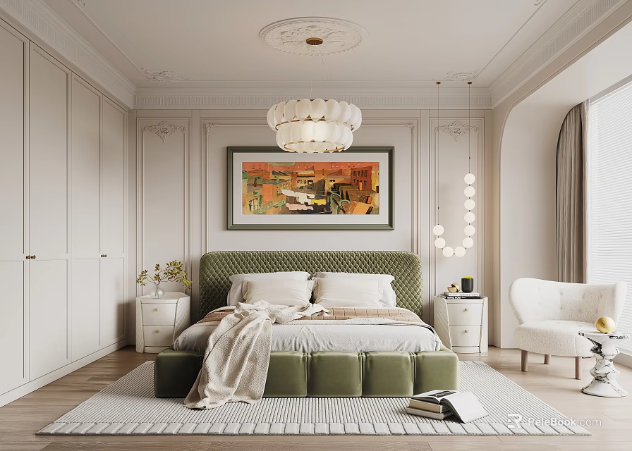 Modern Elegant Bedroom Interior Design With Green Headboard Chandelier Artwork And Area Rug 3d model 