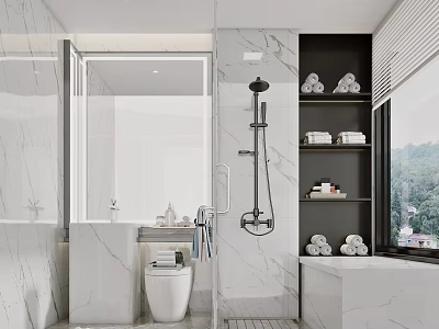 Modern Bathroom Interior With Glass Shower Enclosure Marble Walls White Toilet Black Shelving And Bathtub 3d model