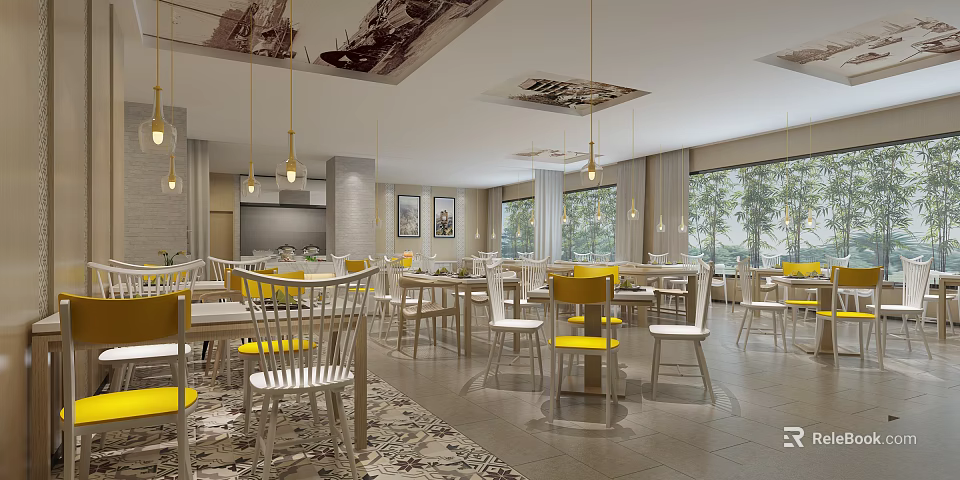 Modern Restaurant Interior Design With Yellow Chairs White Tables And Hanging Lights 3d model 