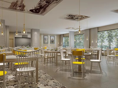 Modern Restaurant Interior Design With Yellow Chairs White Tables And Hanging Lights 3d model