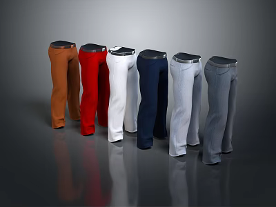 Various Colored Pants with Black Belts on Grey Smooth Surface 3d model