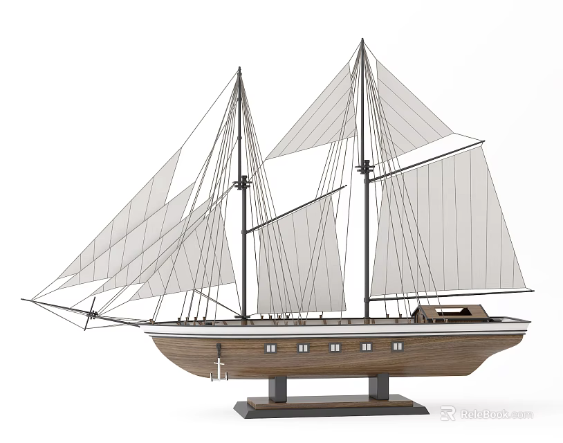 Decorative Ornament Set With Wooden Sailboat Model Detailed Sails And Base Stand 3d model 