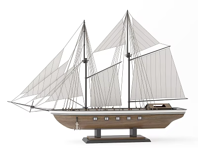 Decorative Ornament Set With Wooden Sailboat Model Detailed Sails And Base Stand 3d model