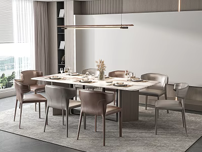Modern Dining Table Set with Chairs Tableware Flower Arrangement Bookshelf Window and Pendant Light 3d model
