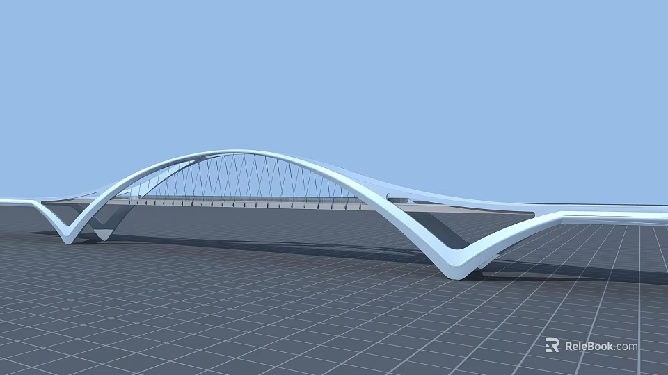 Modern White Arch Bridge With Cable Structure And Blue Sky Background 3d model 