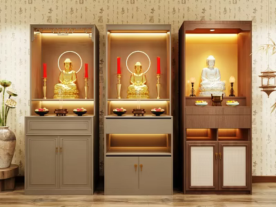 Traditional Wooden Buddhist Shrine Cabinet With Buddha Statues Red Candles Lighting And Offerings 3d model