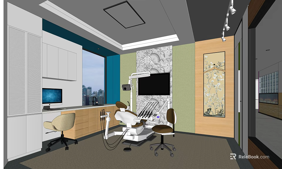 Modern Dental Clinic Interior With Treatment Chair Equipment Computer And Decorative Wall Art 3d model 
