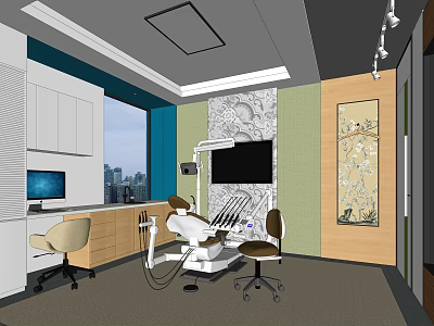 Modern Dental Clinic Interior With Treatment Chair Equipment Computer And Decorative Wall Art 3d model