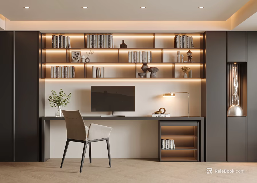 Modern Home Office Interior With Built in Bookshelves Warm Lighting And Computer Desk Chair 3d model 
